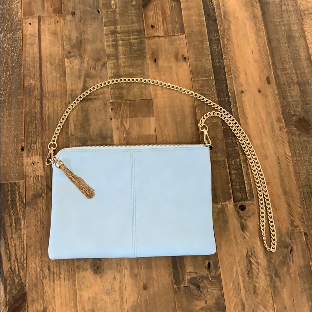 Baby Blue Leather purse, Gold Strap